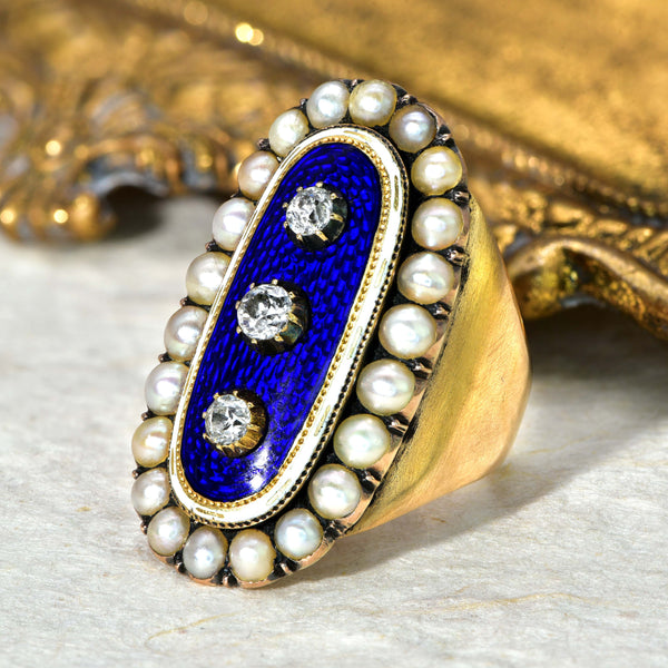 The Antique Georgian Diamond, Pearl and Enamel Mourning Ring - Antique Jewellers