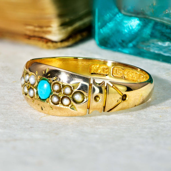 The Antique 1896 Victorian Turquoise and Pearl Ring - Antique Jewellers