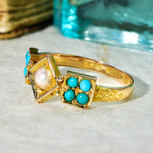 The Antique Victorian 1874 Pearl and Turquoise Ring - Antique Jewellers