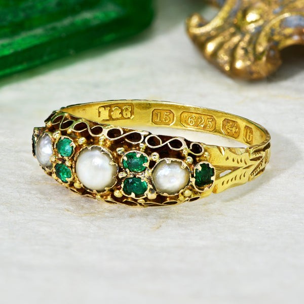 The Antique Victorian 1876 Emerald and Pearl Baroque Ring - Antique Jewellers
