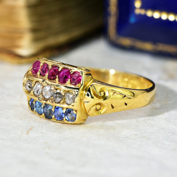 The Antique 1903 Edwardian Ruby, Diamond and Sapphire Ring - Antique Jewellers