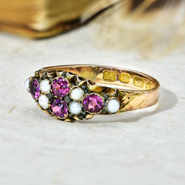 The Antique Victorian 1897 Pink Tourmaline and Seed Pearl Ring - Antique Jewellers