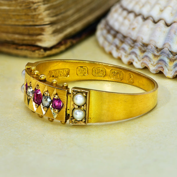 The Antique Victorian 1879 Ruby, Pearl and Old Rough Cut Diamond Ring - Antique Jewellers