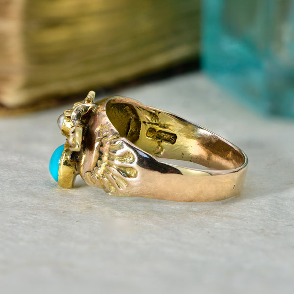 The Antique Early 20th Century Turquoise and Split Pearl Fly Ring - Antique Jewellers