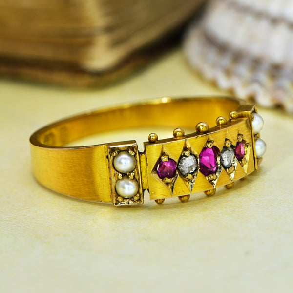 The Antique Victorian 1879 Ruby, Pearl and Old Rough Cut Diamond Ring - Antique Jewellers
