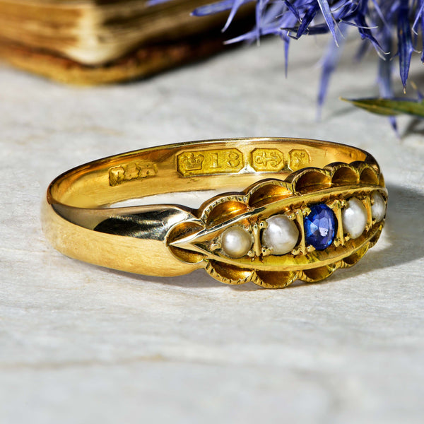 The Antique 1897 Sapphire and Pearl Boat Ring - Antique Jewellers