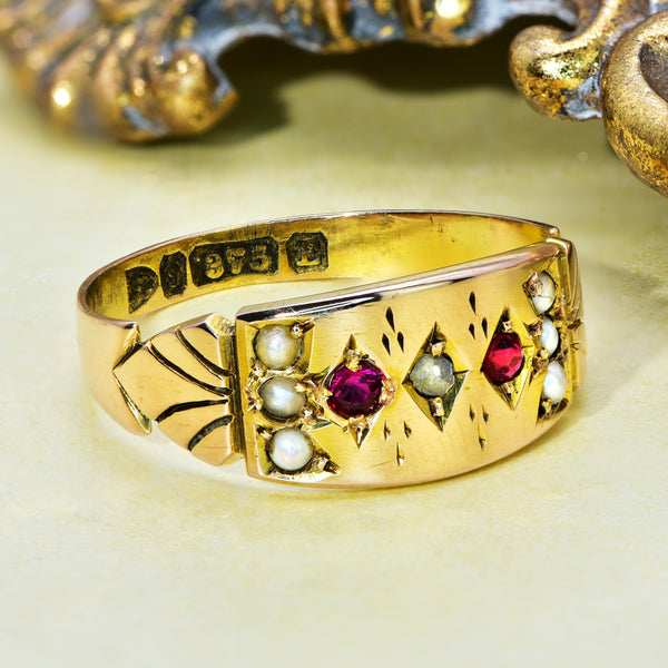 The Antique Victorian 1888 Ruby, Pearl and Old Cut Diamond Ring - Antique Jewellers