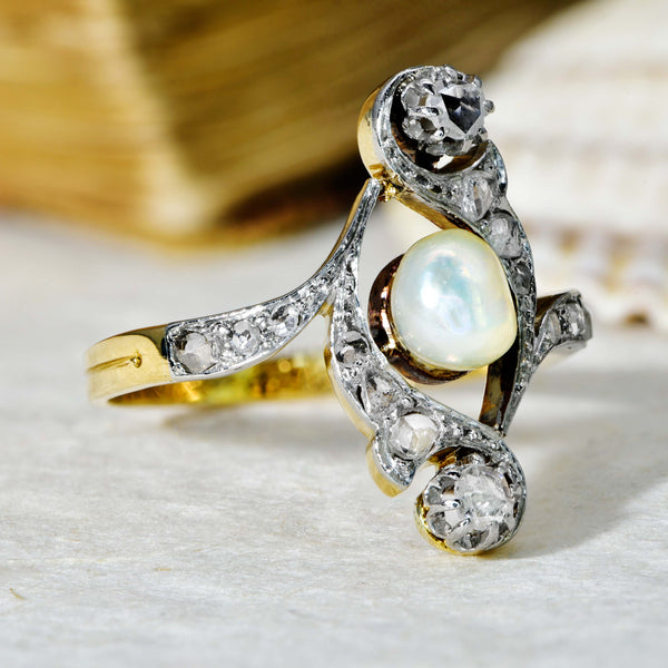 The Antique 1917 Baroque Pearl and Old Cut Diamond Elaborate Ring - Antique Jewellers