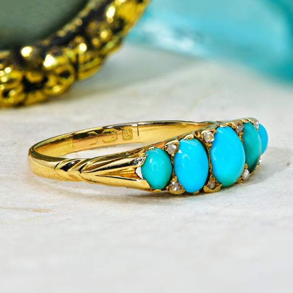 The Antique Victorian 1898 Turquoise and Old Cut Diamond Ring - Antique Jewellers