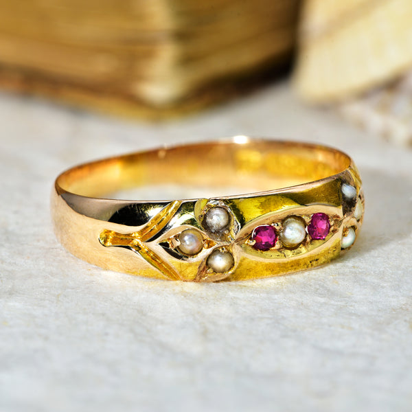 The Antique 1890 Victorian Ruby and Split Pearl Tapered Ring - Antique Jewellers