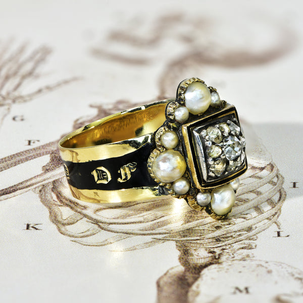 The Antique Georgian 1823 Exquisite Diamond and Pearl Mourning Ring - Antique Jewellers