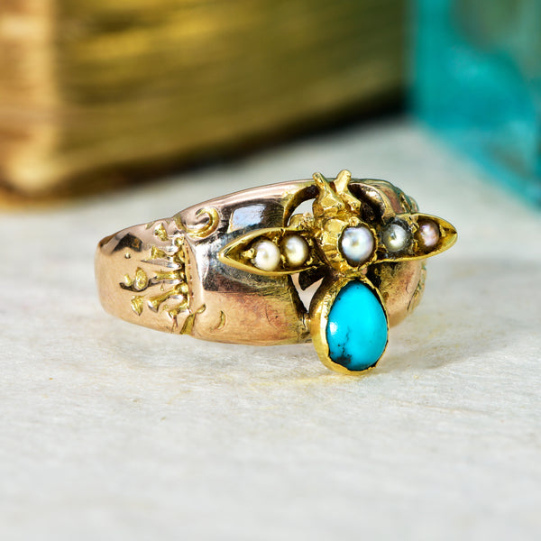 The Antique Early 20th Century Turquoise and Split Pearl Fly Ring - Antique Jewellers