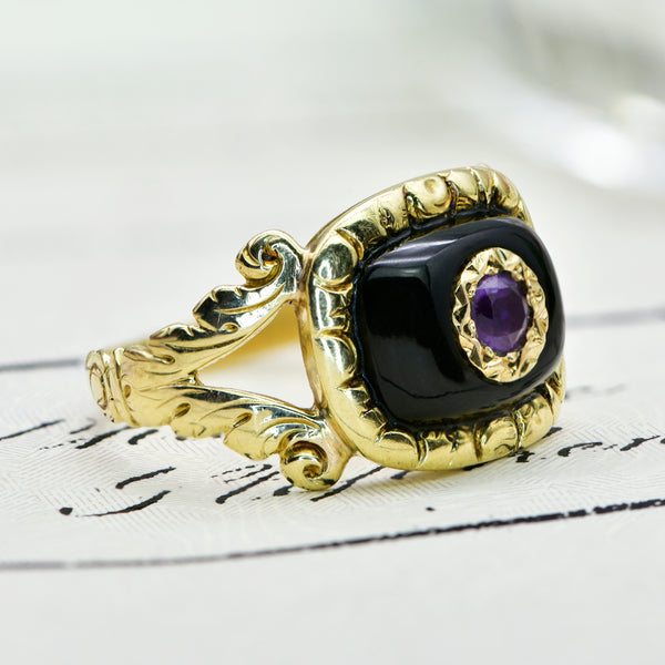 The Antique Early Victorian Amethyst and Black Enamel Mourning Ring - Antique Jewellers